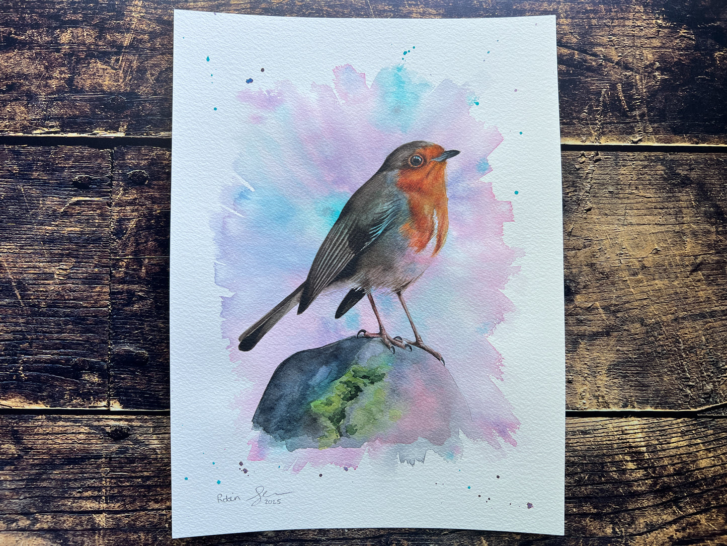 An original watercolour painting of a robin on a rock with a pink and turquoise background