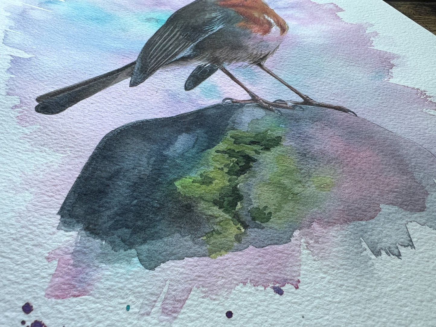 A close up of an original watercolour painting of a robin on a rock with a pink and turquoise background