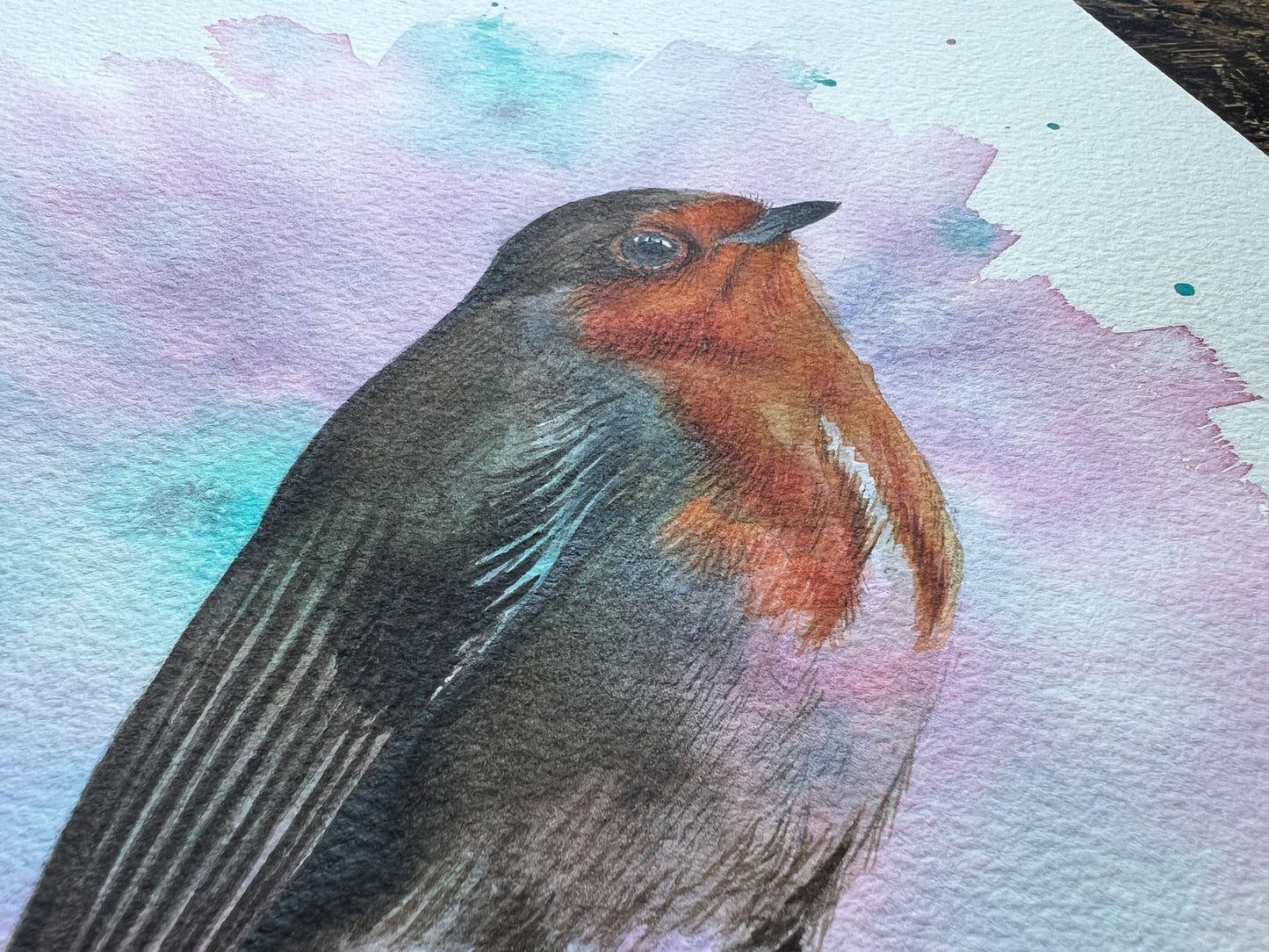 A close up of an original watercolour painting of a robin on a rock with a pink and turquoise background