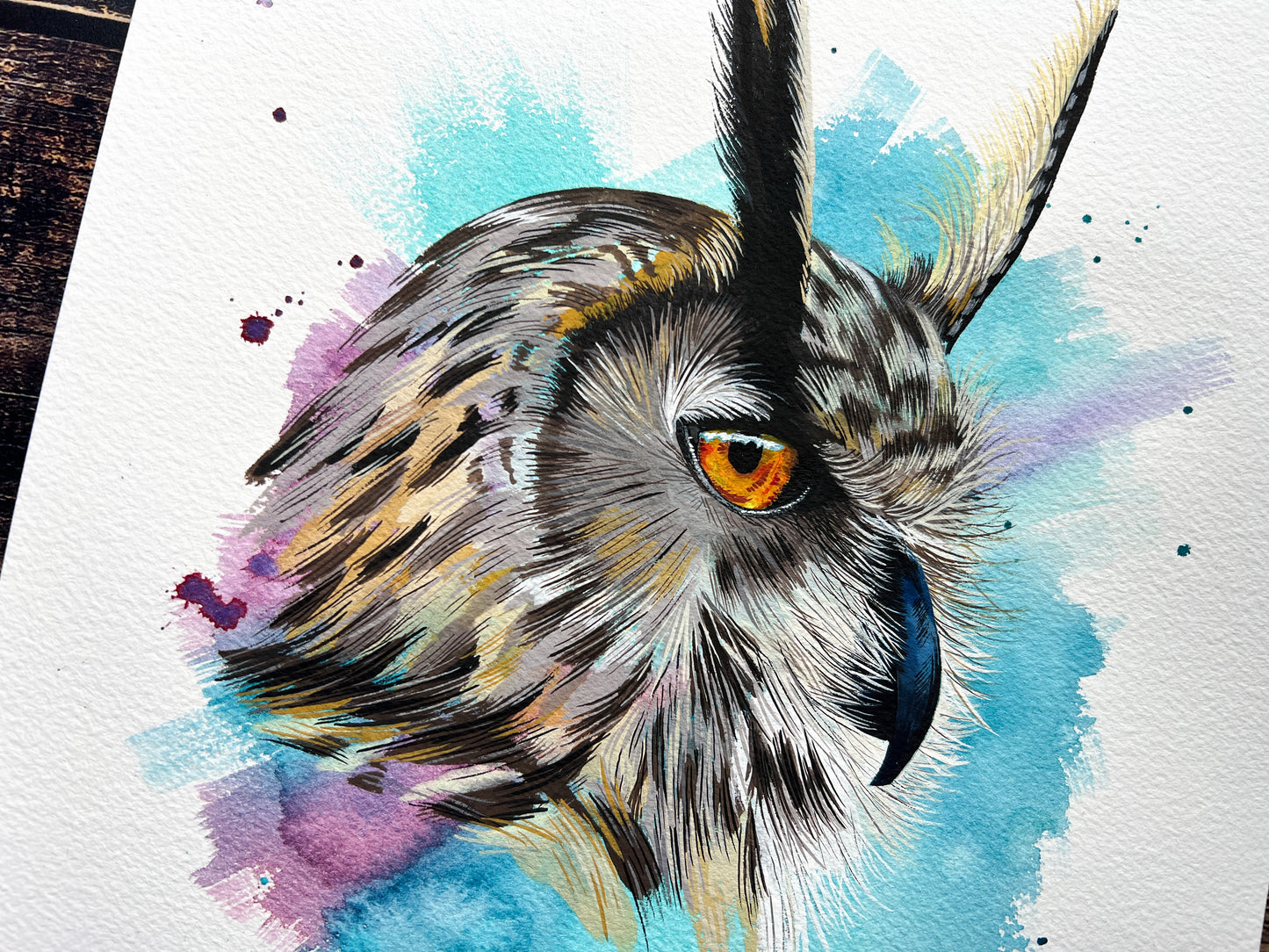 An expressive watercolour & gouache portrait of a long-eared owl