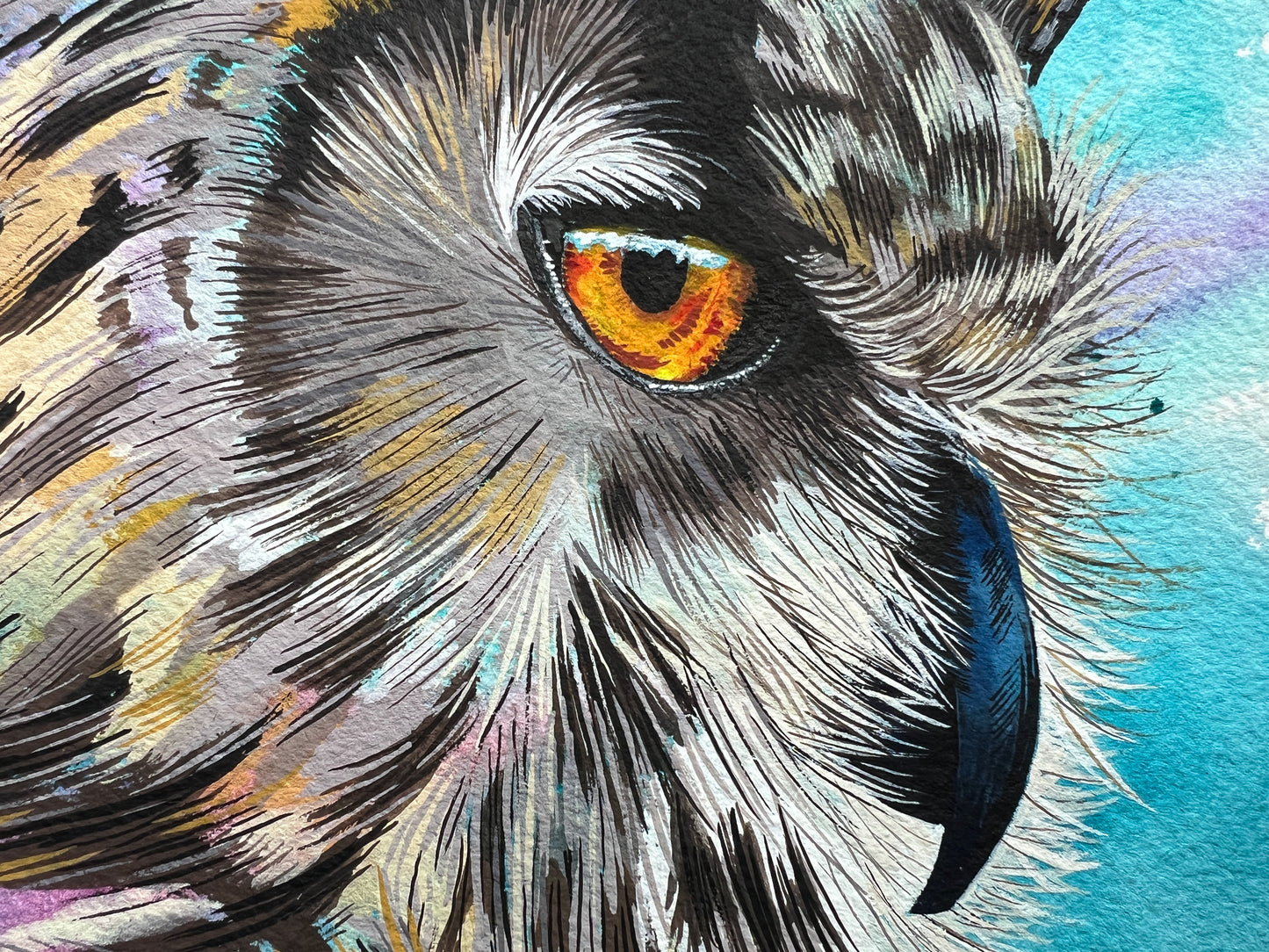 An expressive watercolour & gouache portrait of a long-eared owl