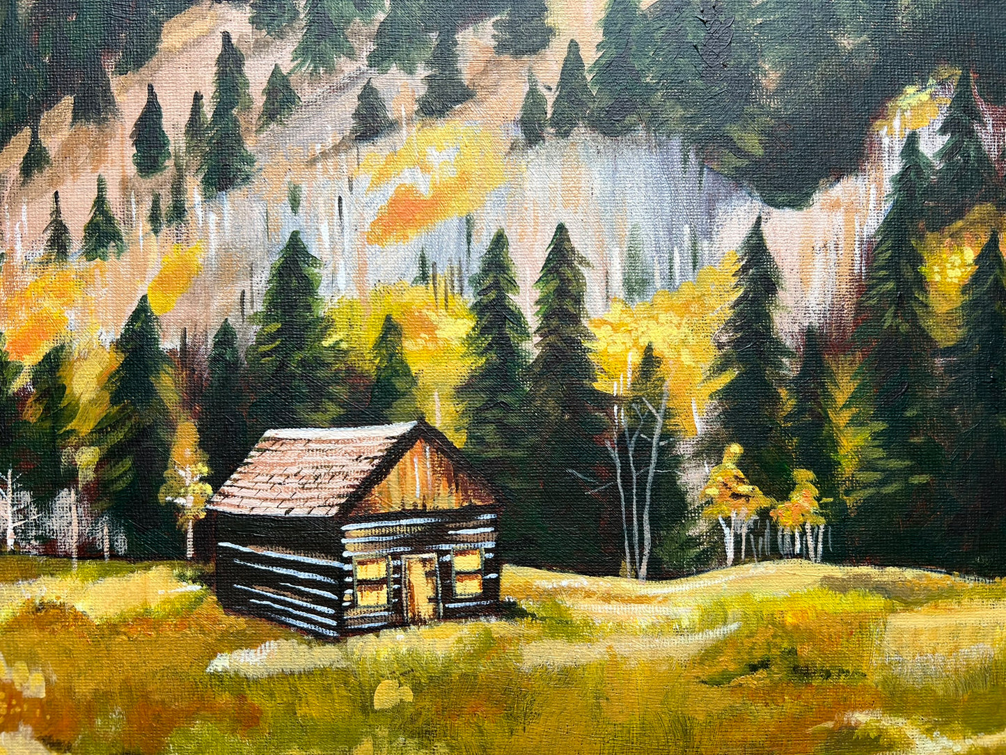 A close up of An autumnal expressive painting of a wooden lodge at the foot of a mountain