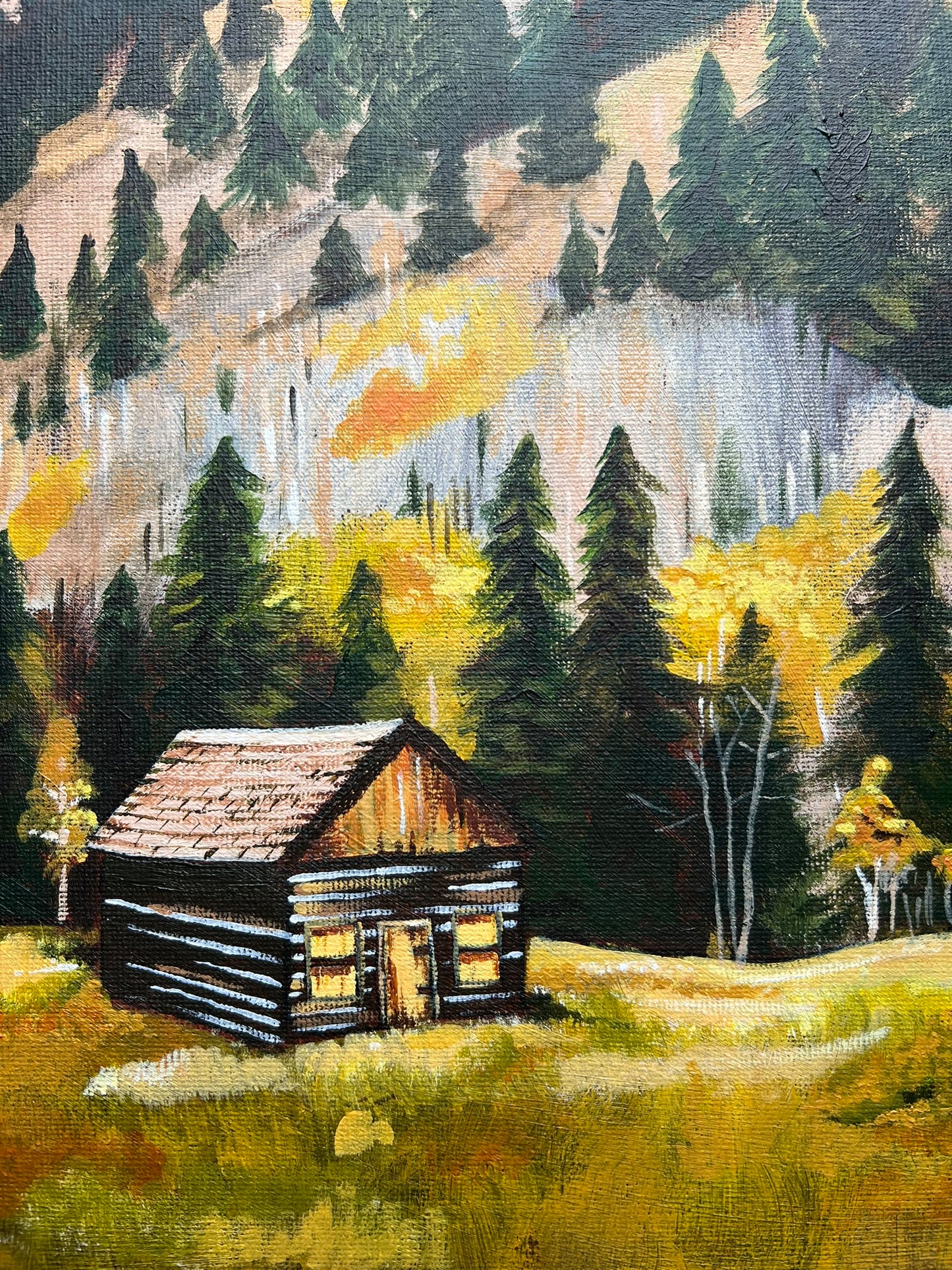 A close up of An autumnal expressive painting of a wooden lodge at the foot of a mountain