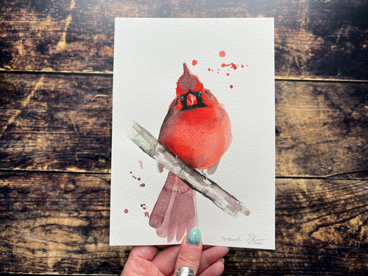 Cardinal, front facing - A5 watercolour painting