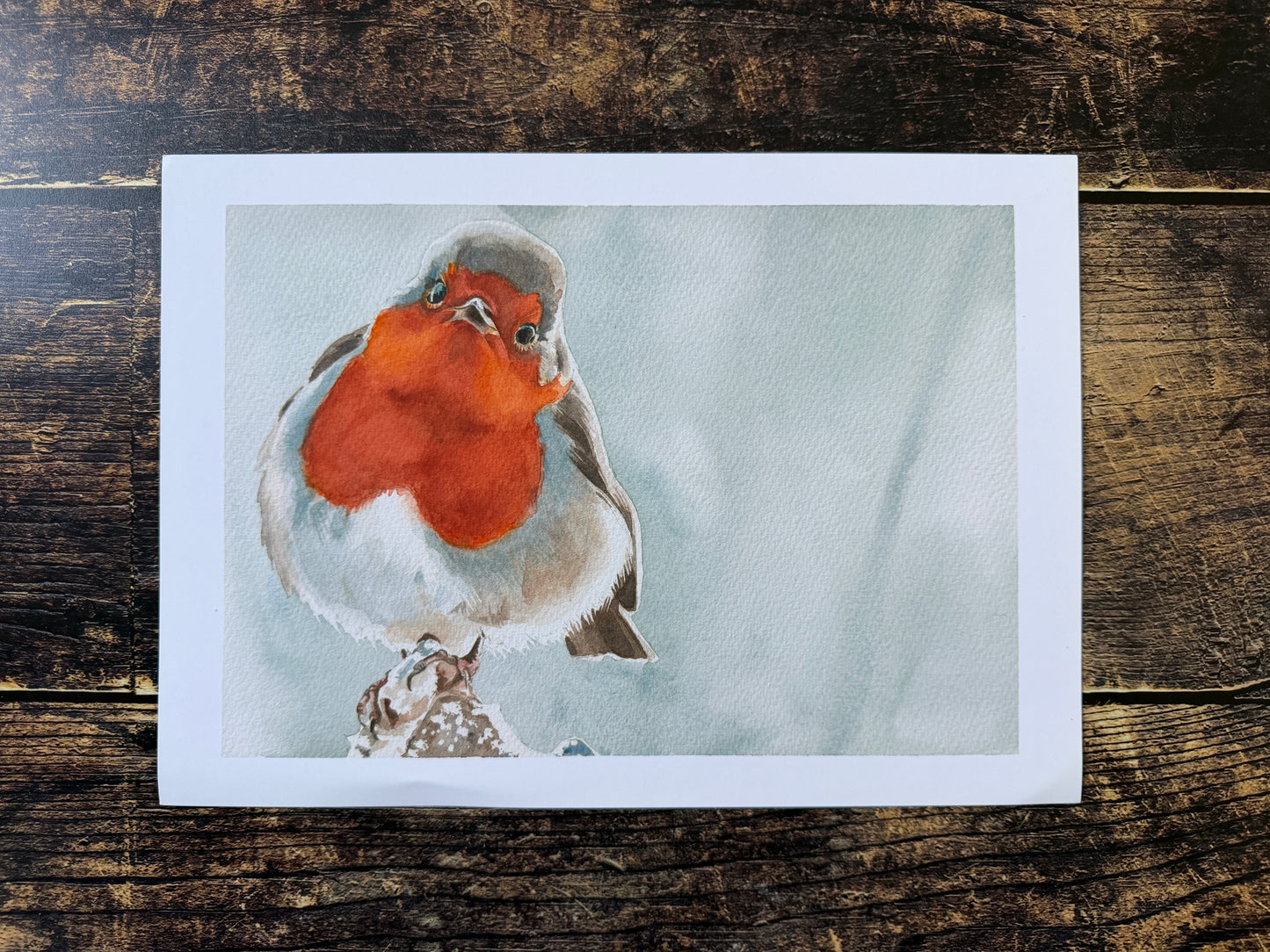 An A4 watercolour print of a robin on a snow dusted rock