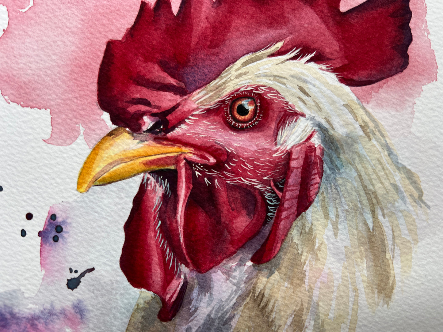 Artistic illustration of a rooster's head with a watercolor background