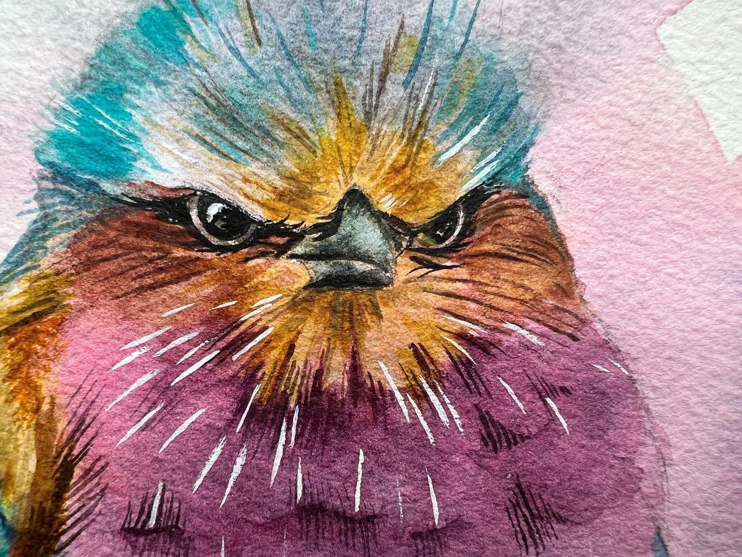 An expressive watercolour painting of a lilac breasted roller on a branch