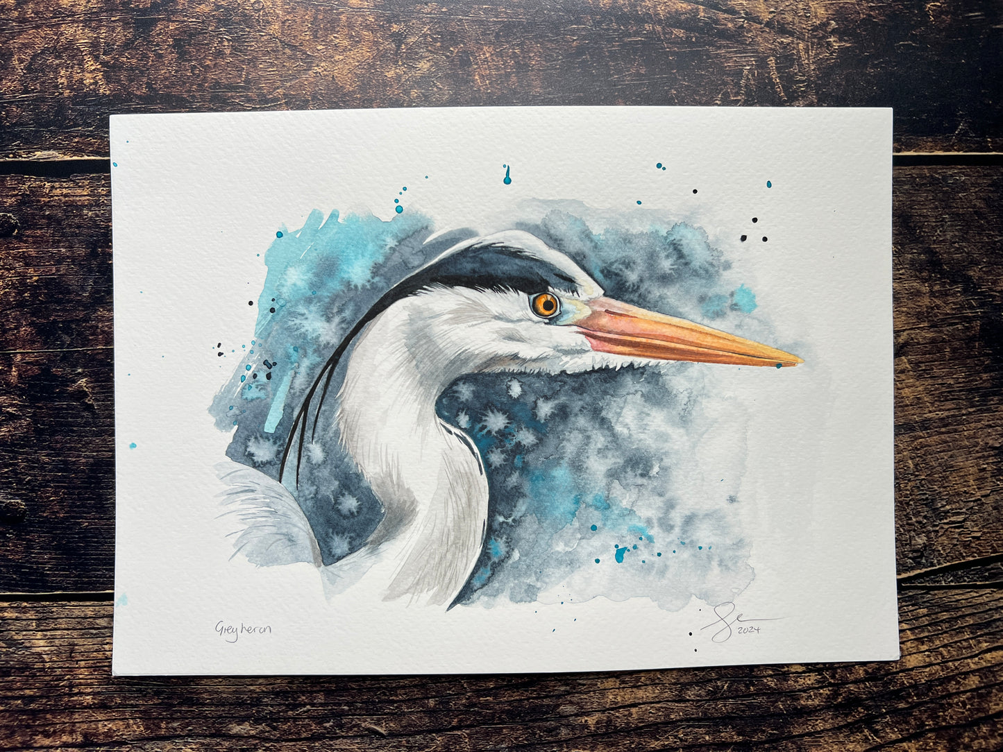 An expressive watercolour portrait of a grey heron