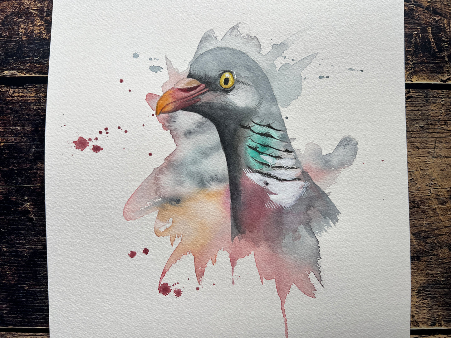 A watercolour portrait of a wood pigeon, painted in an expressive style