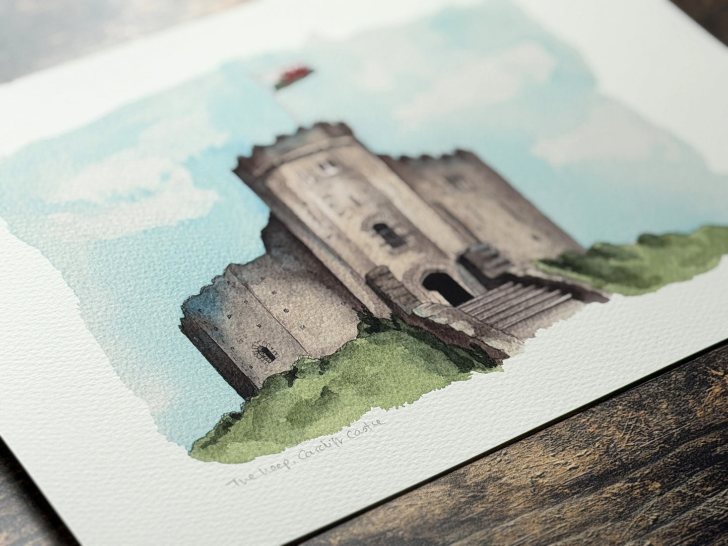 A watercolour print of Cardiff Castle