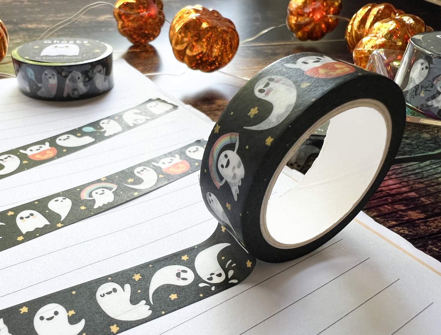 A close up of ghost washi tape on a journal