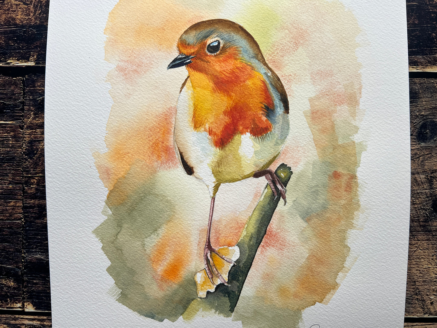 A watercolour painting of a robin, surrounded by blurry autumnal colours.