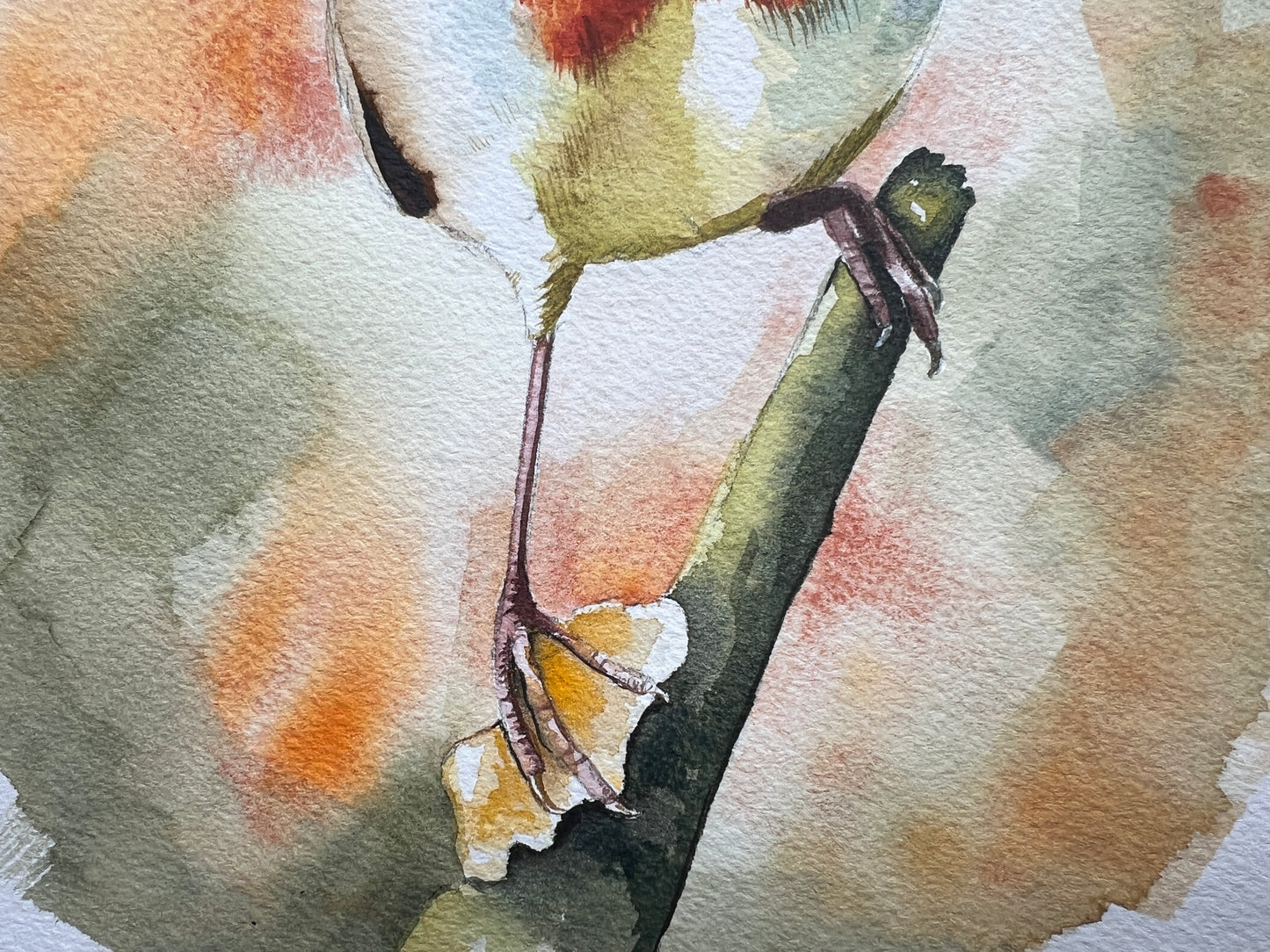 A watercolour painting of a robin, surrounded by blurry autumnal colours.