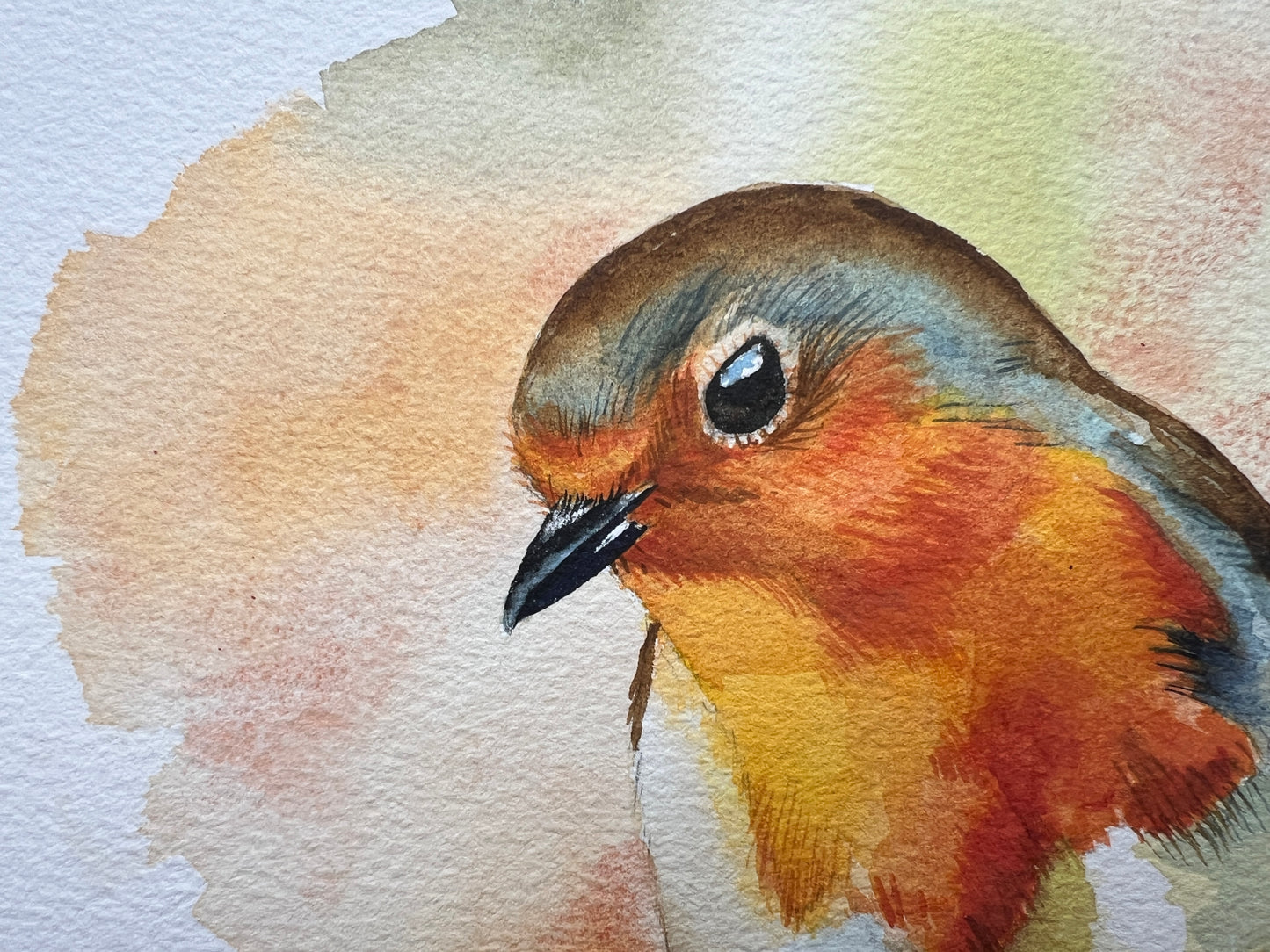 A watercolour painting of a robin, surrounded by blurry autumnal colours.