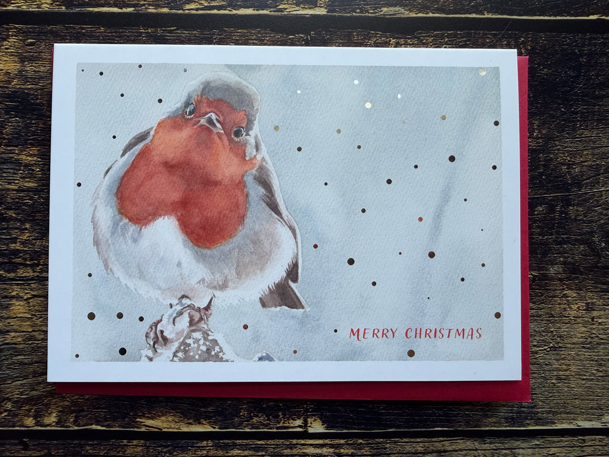 A Christmas card featuring a watercolour painting of a robin, surrounded by silver foil snow.