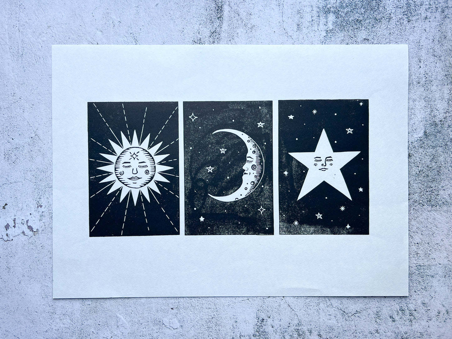 Sun moon star A3 lino print - SALE
