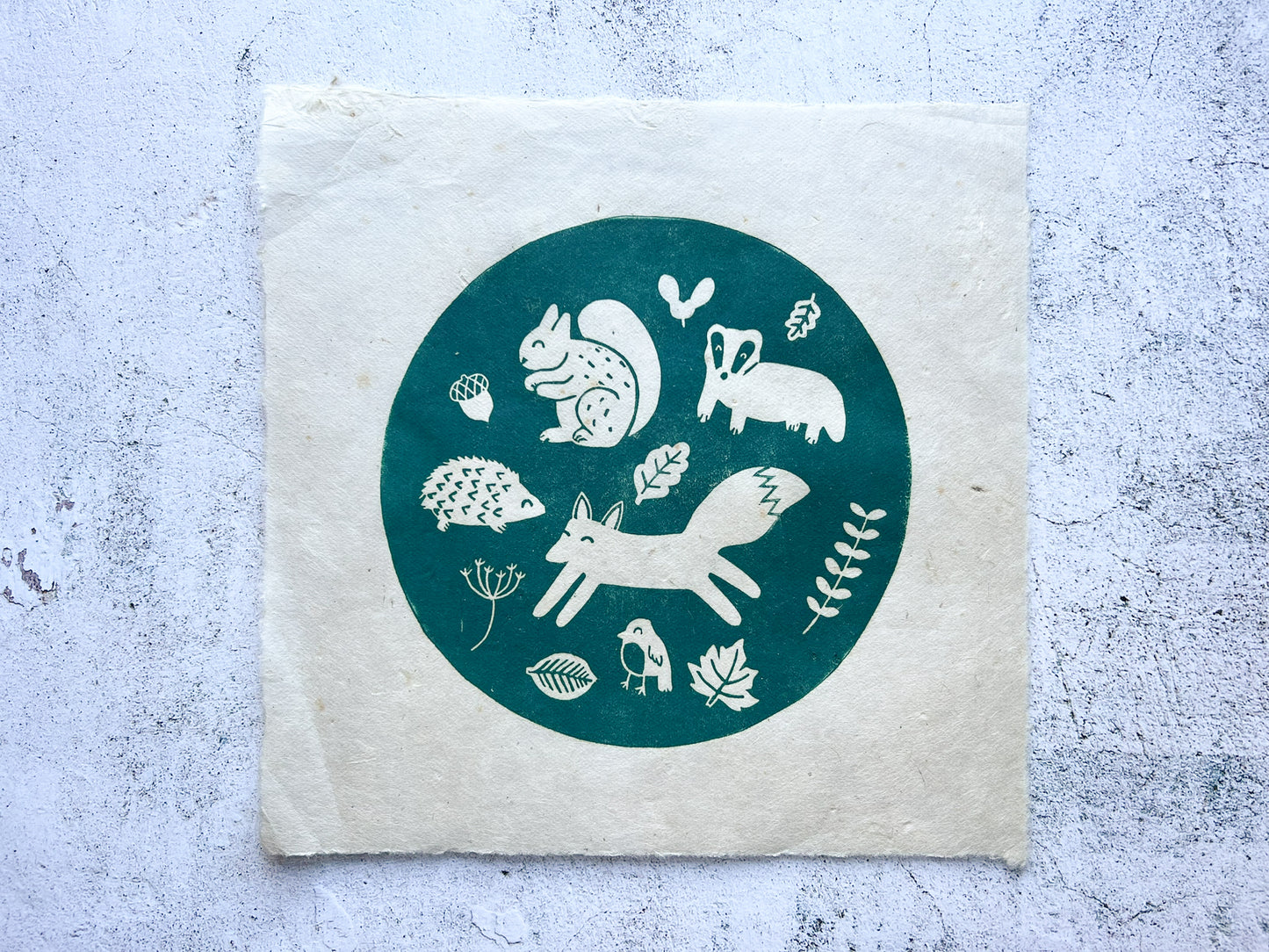 Woodland animals lino print - SALE