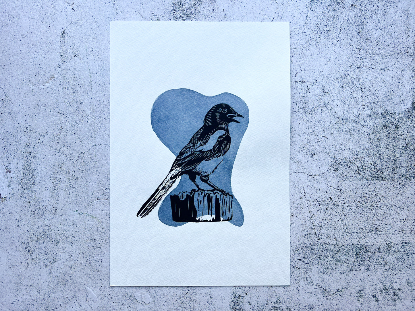 Magpie mixed media lino print - SALE