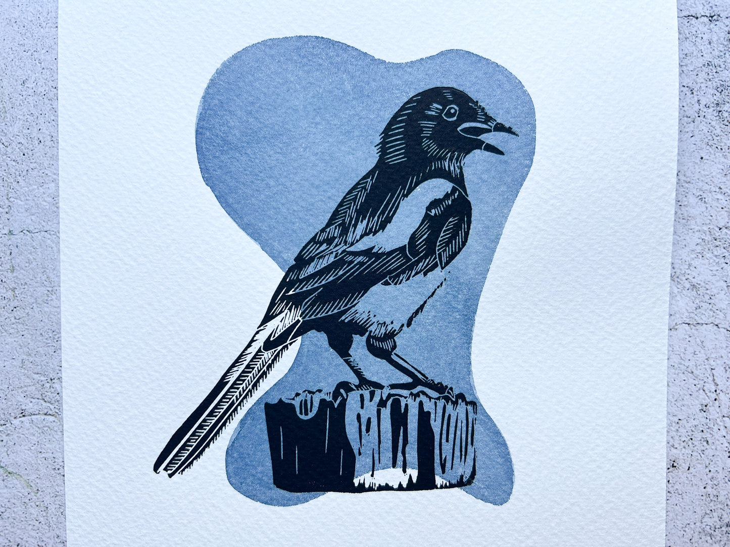 Magpie mixed media lino print - SALE