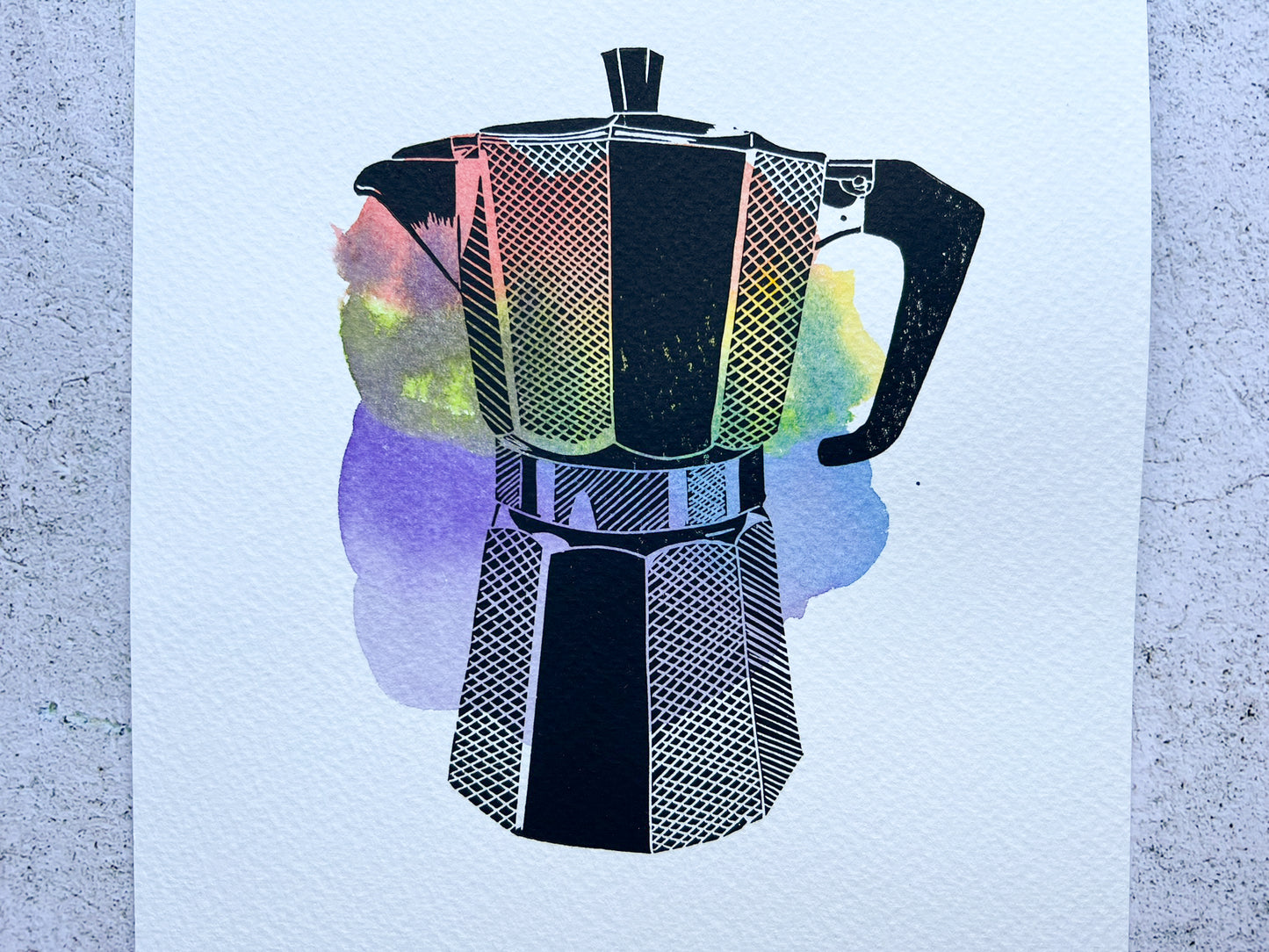 Coffee moka pot mixed media lino print - rainbow - SALE