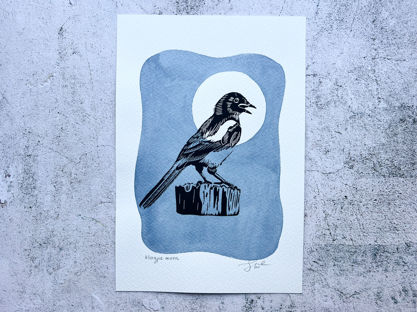 Magpie mixed media lino print - blue moon - SALE