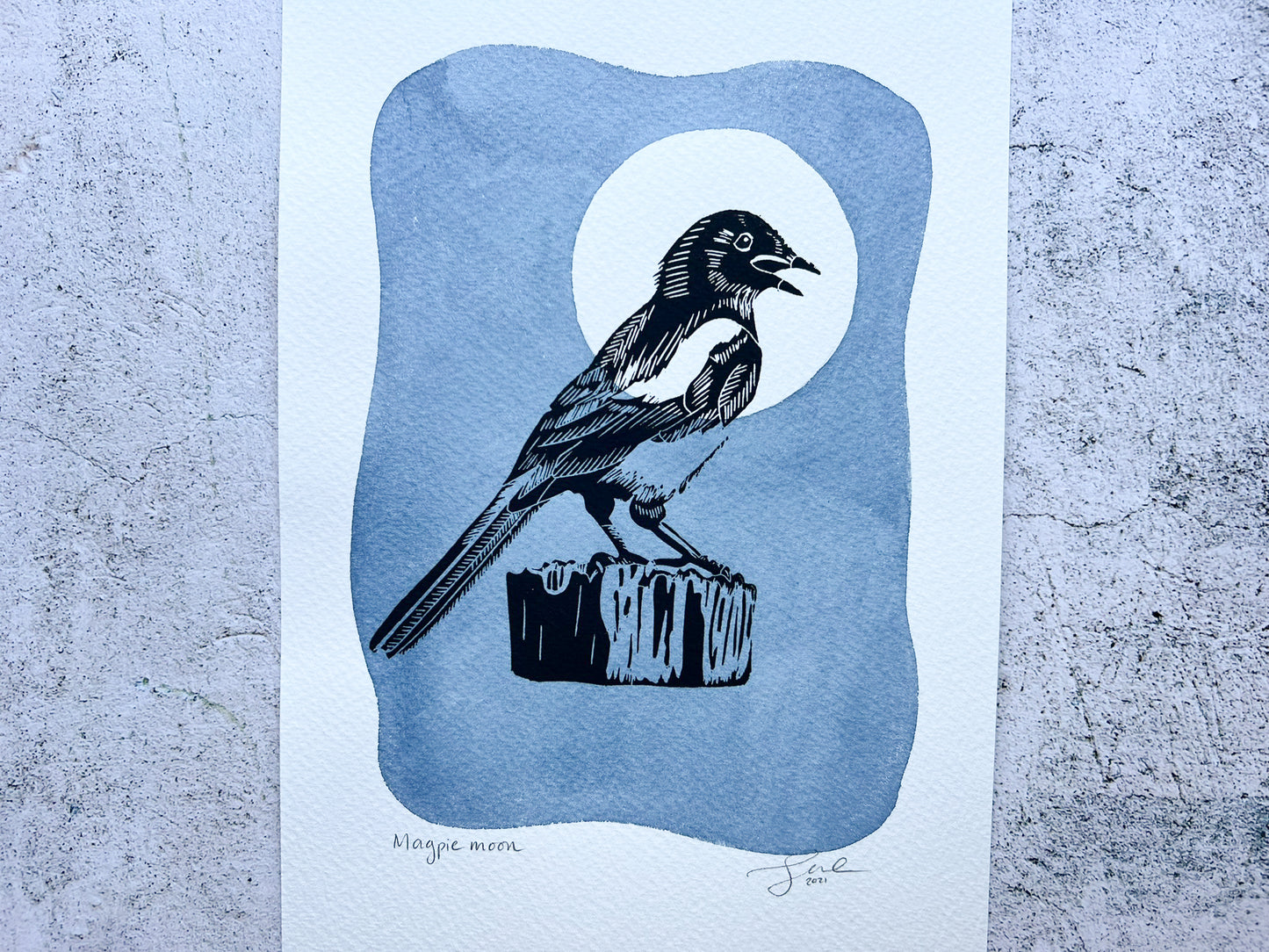 Magpie mixed media lino print - blue moon - SALE