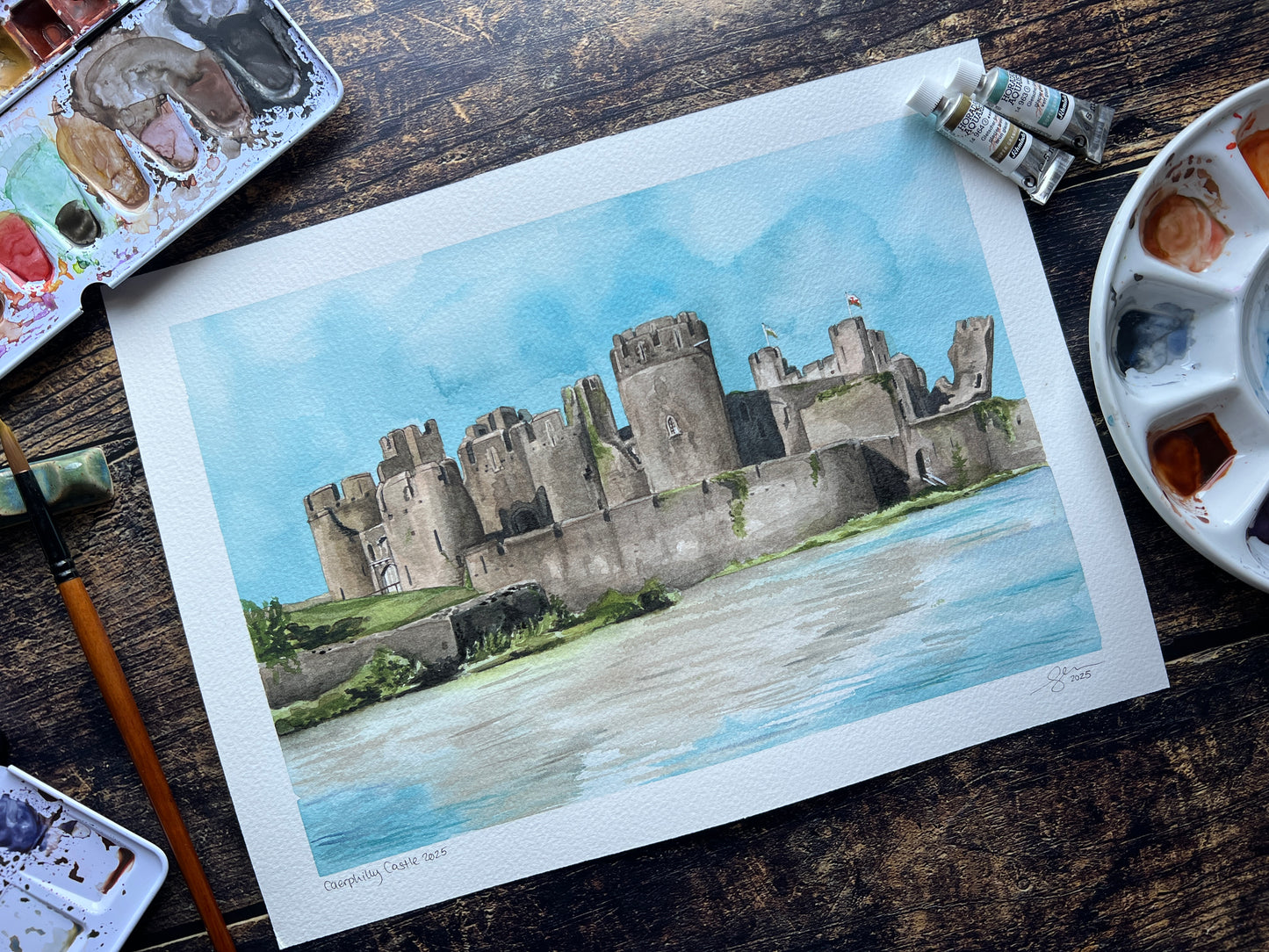 An original watercolour painting of Caerphilly castle, signed and dated