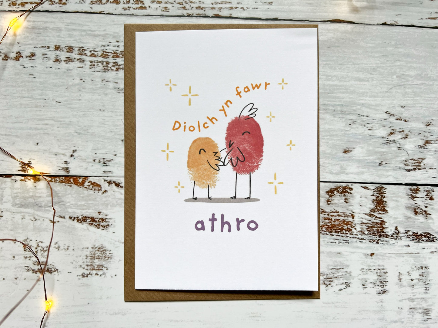 An A6 teacher card which says 'Diolch yn fawr athro' and has two fingerprinted birds on.