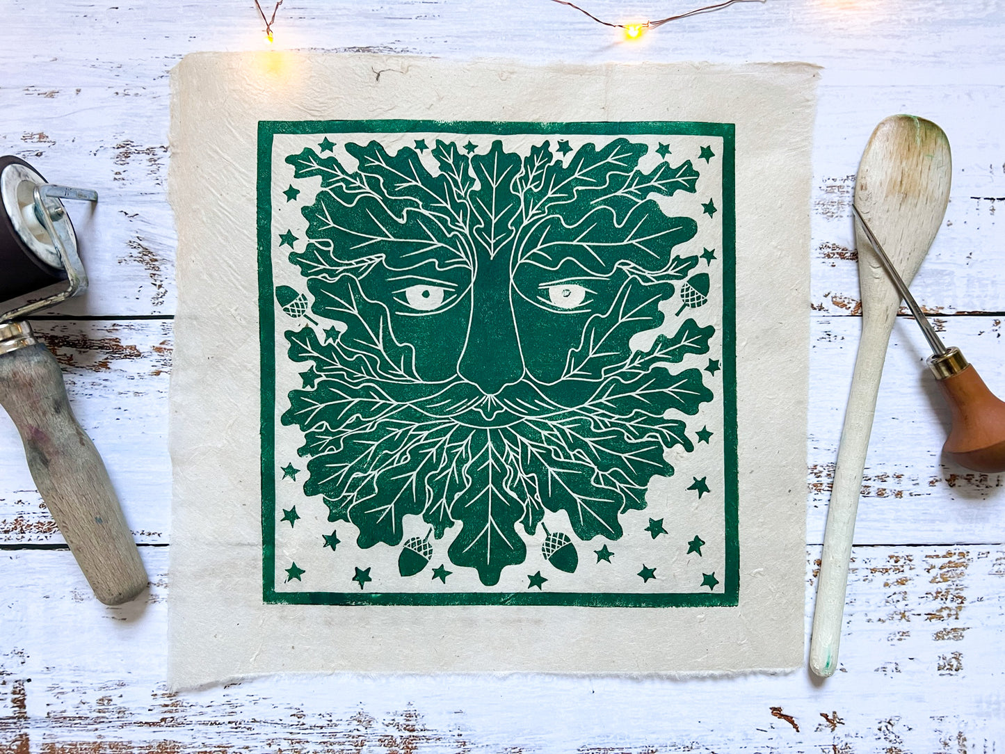 Green man lino print