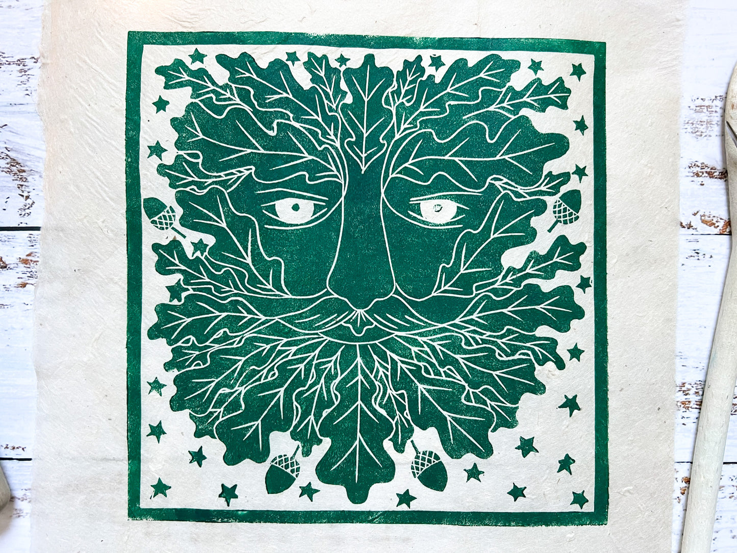 Green man lino print