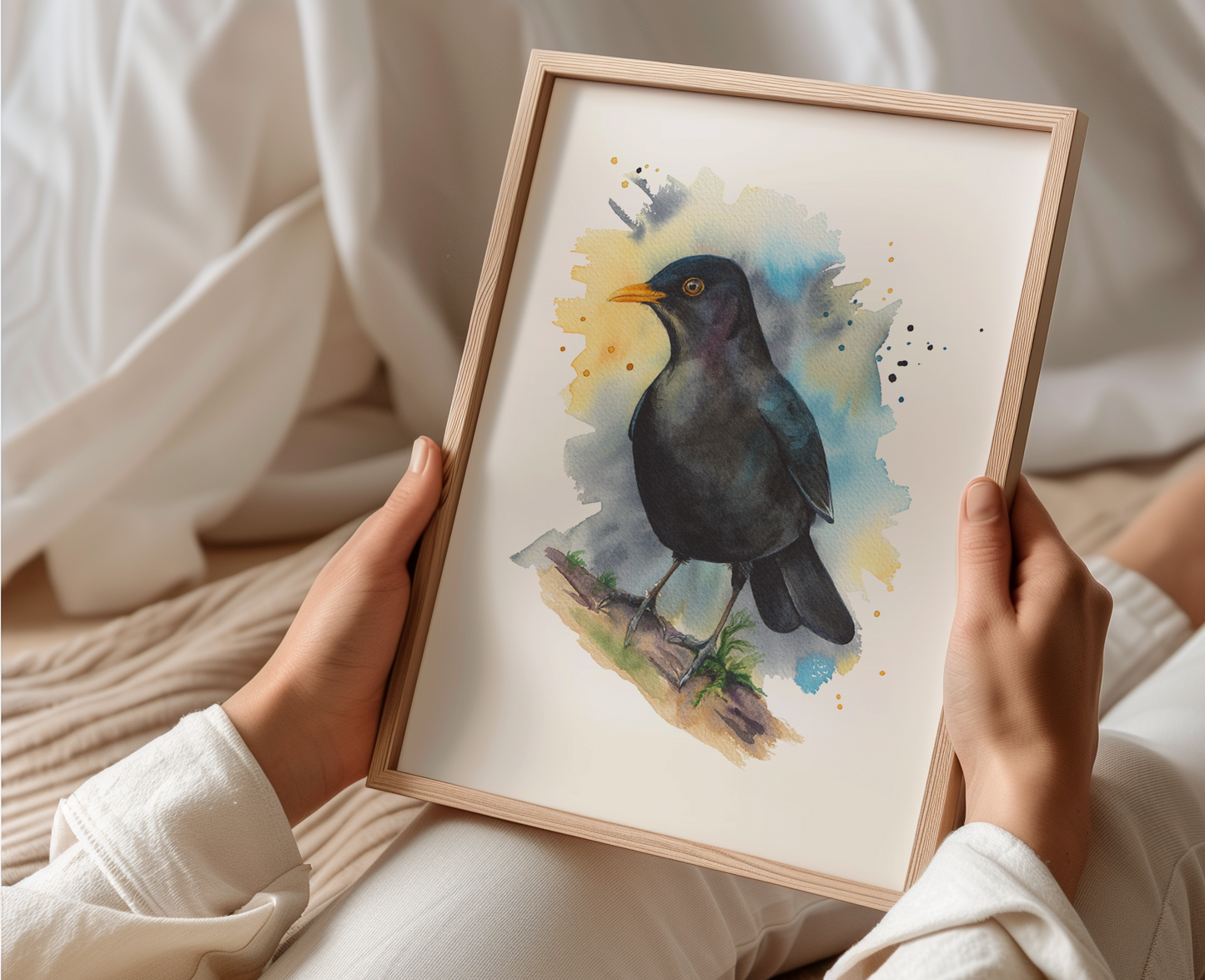 This is a watercolour print of a Eurasian Blackbird, painted in an expressive way.