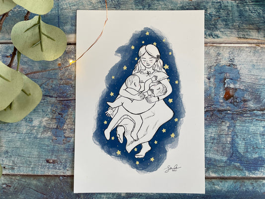 A digital sketch of a mother tandem breastfeeding two bigger babies, she's on a dark blue background surrounded by stars.