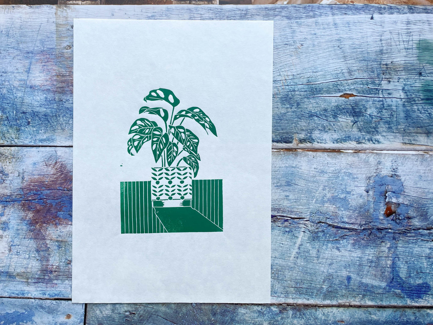A green lino print of a monstera monkey plant in a patterned plant pot with a long shadow