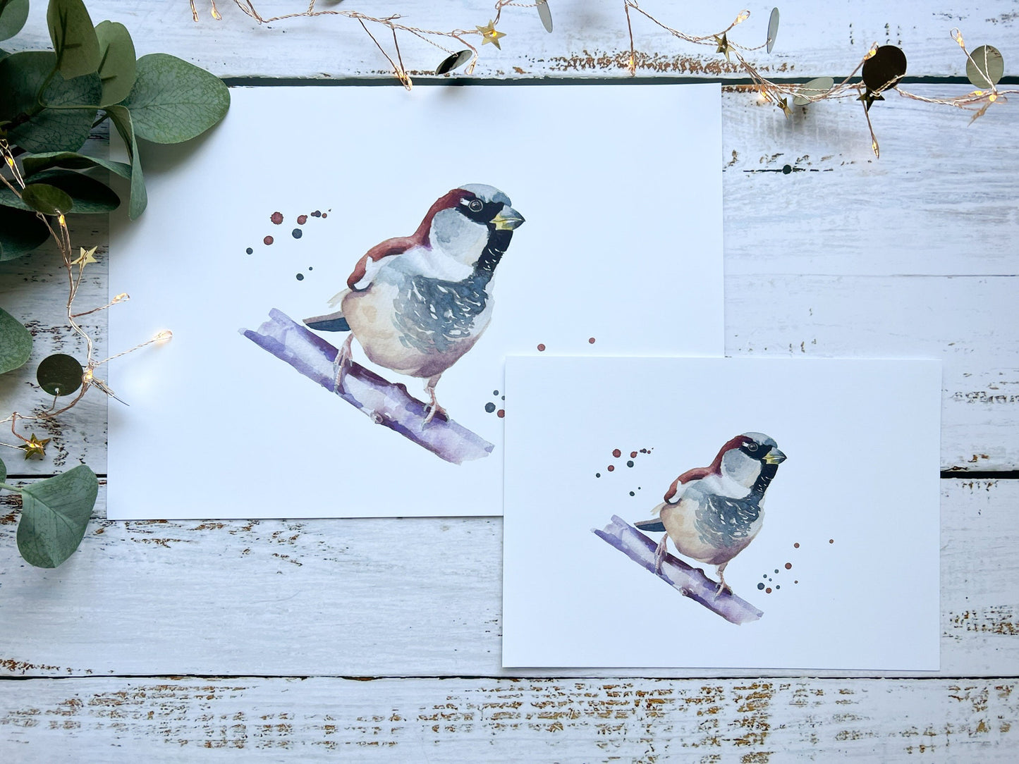 A watercolour print of a house sparrow on a branch with splashes of watercolour around it in A4 and A5