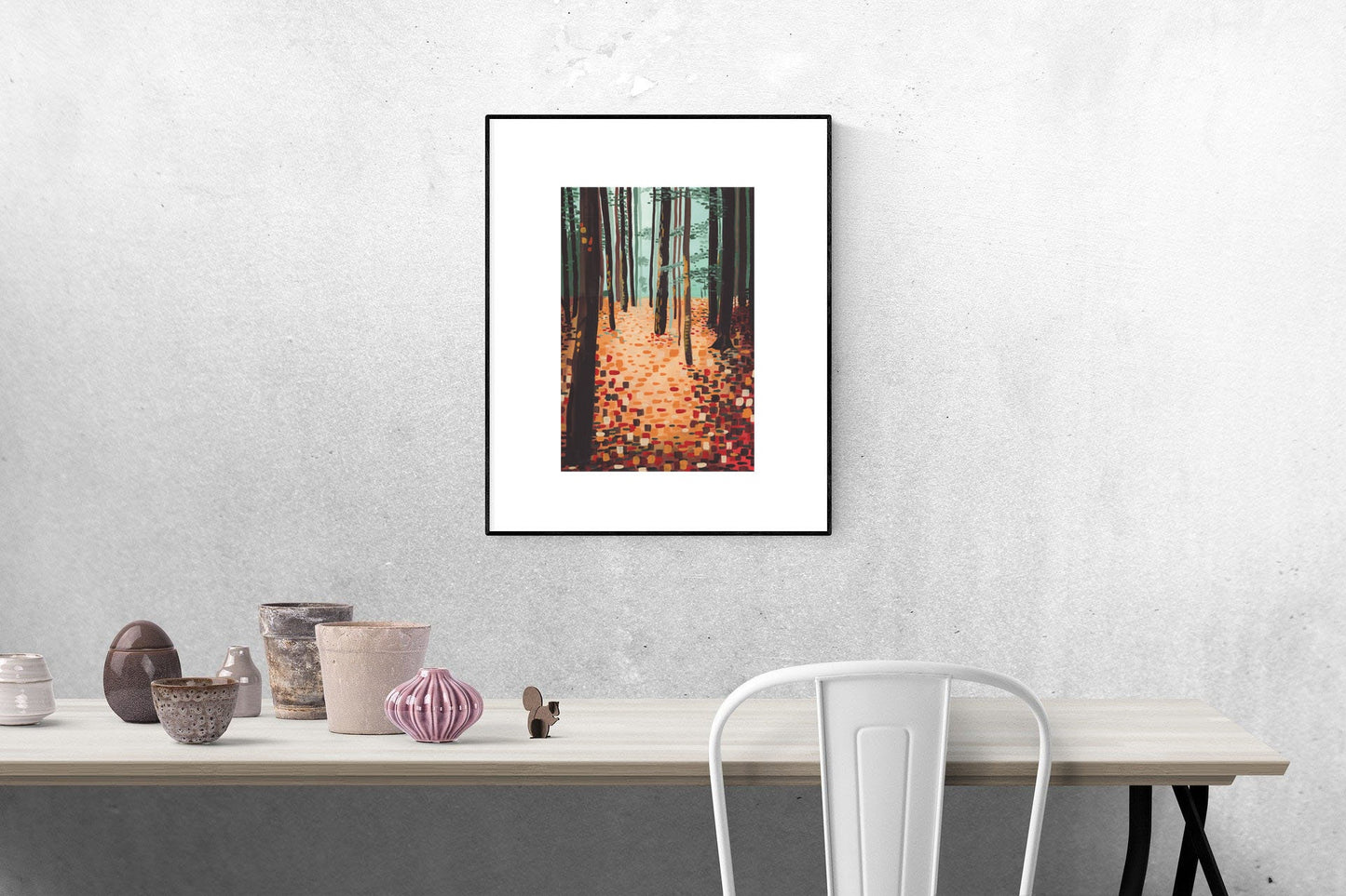 A gouache print of an abstract woodland scene