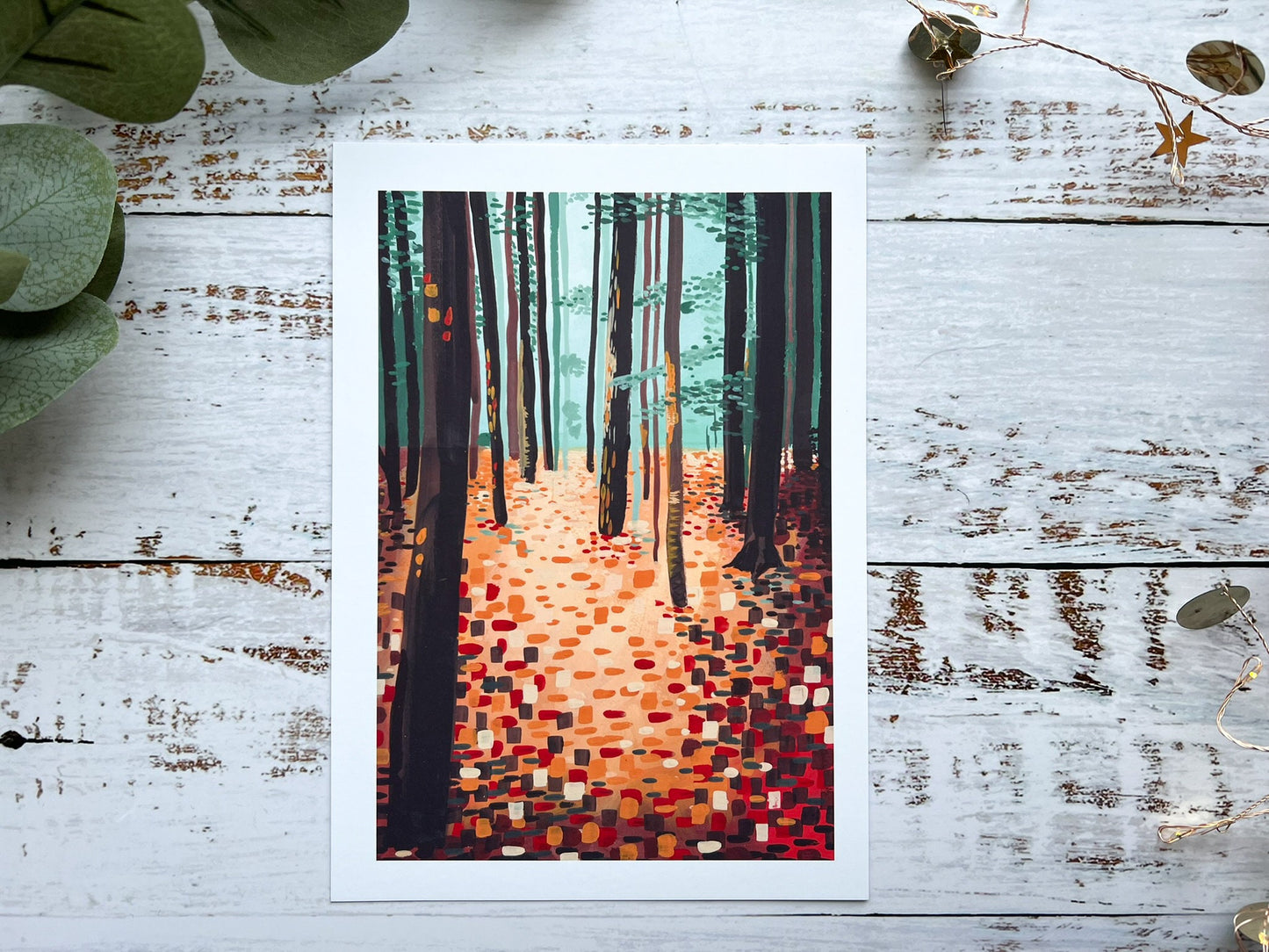 A gouache print of an abstract woodland scene