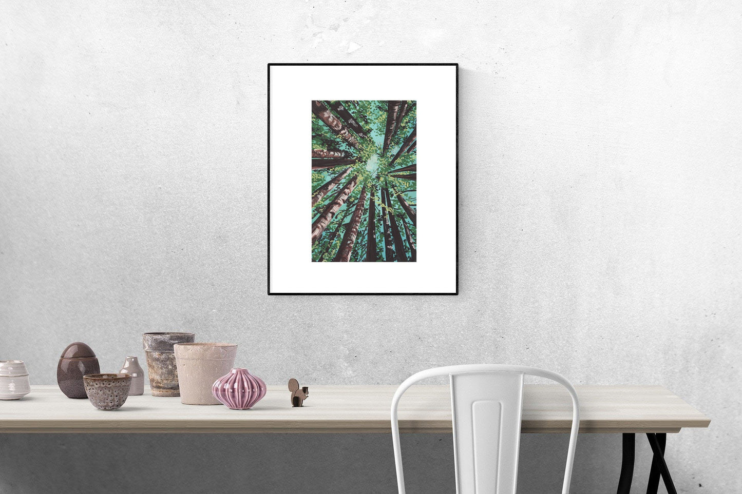 A gouache print of Californian redwood trees from the perspective of standing on the ground and looking up at the sky