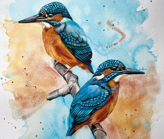 An expressive watercolour painting of two young kingfishers