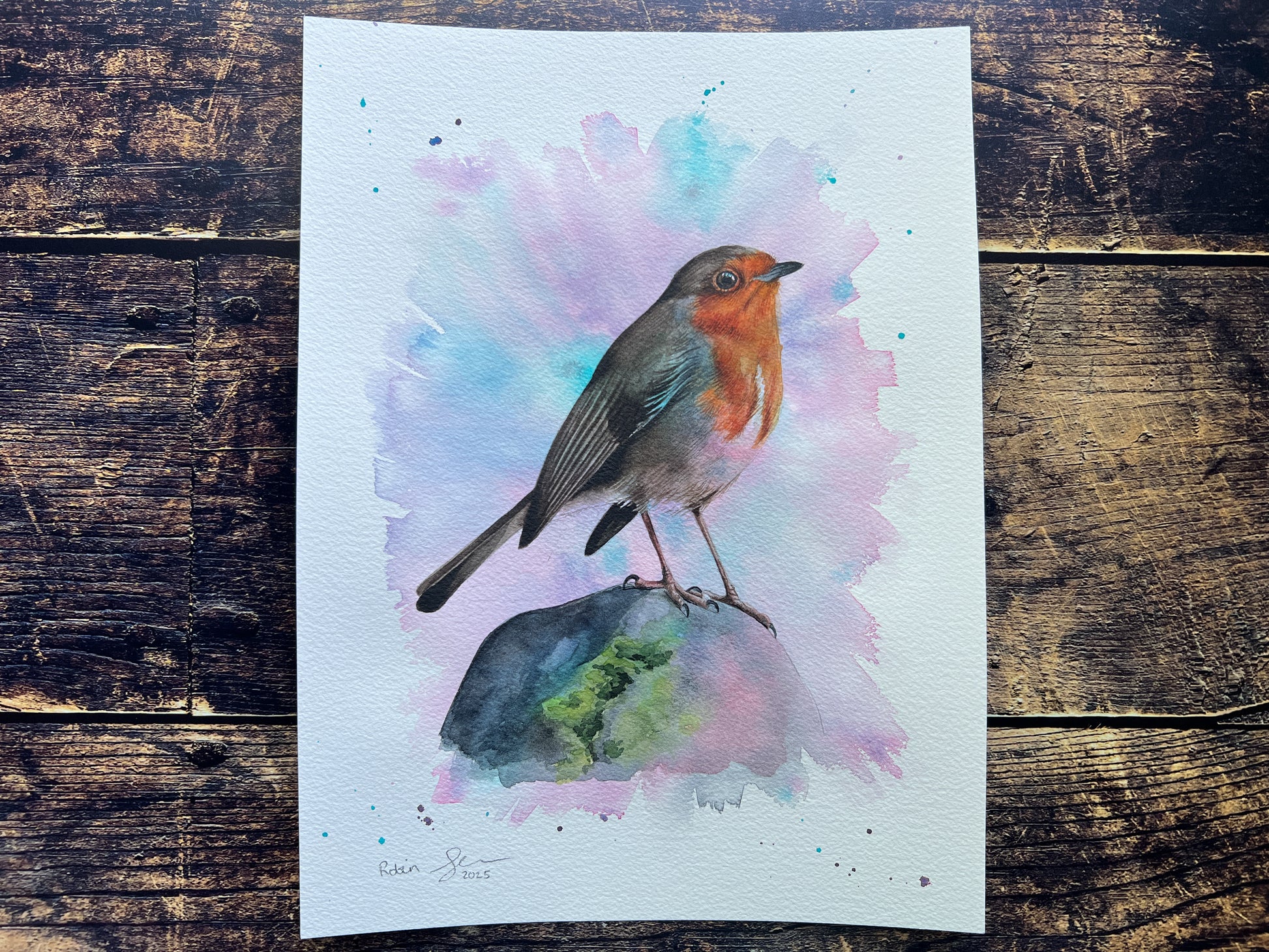 An original watercolour painting of a robin on a rock with a pink and turquoise background