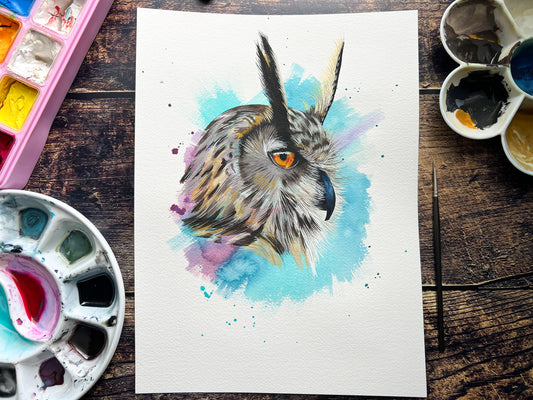 An expressive watercolour & gouache portrait of a long-eared owl