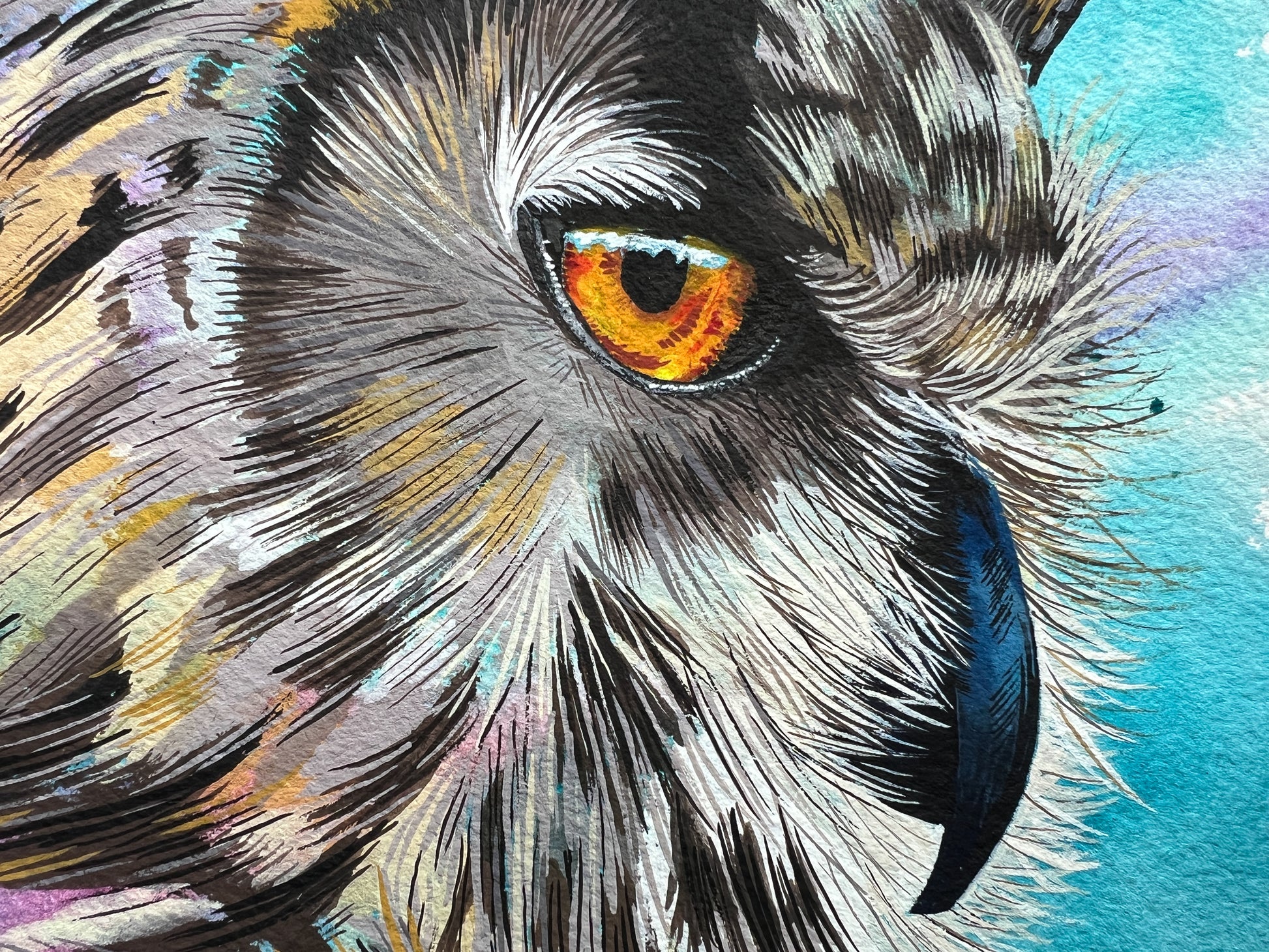 An expressive watercolour & gouache portrait of a long-eared owl