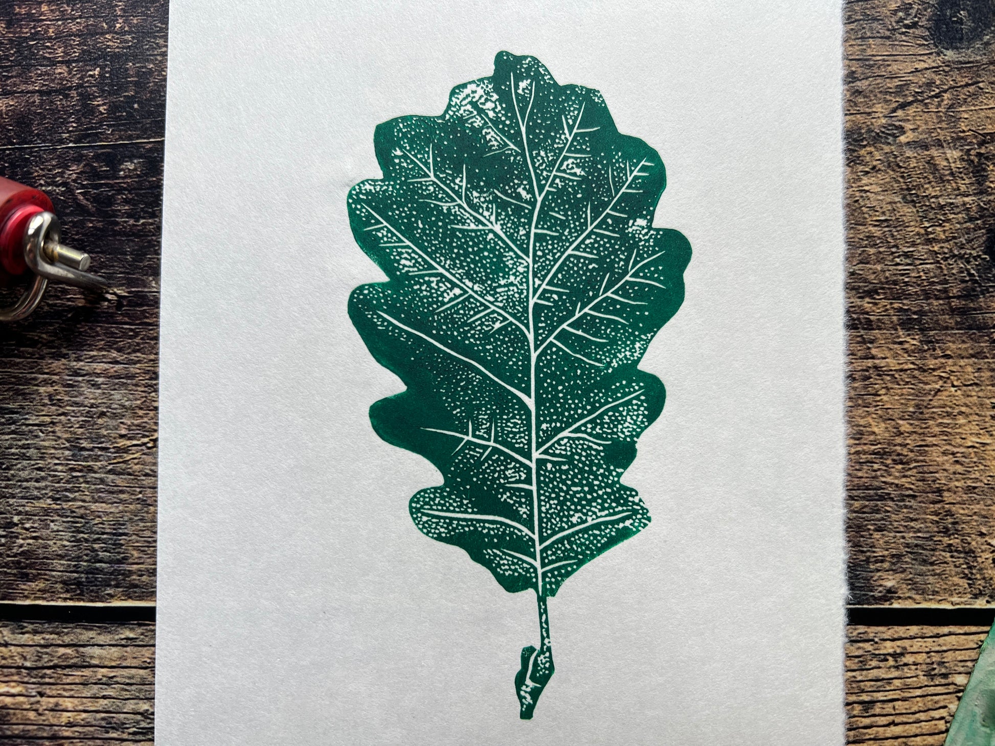 A lino print of an oak leaf in phthalo green.