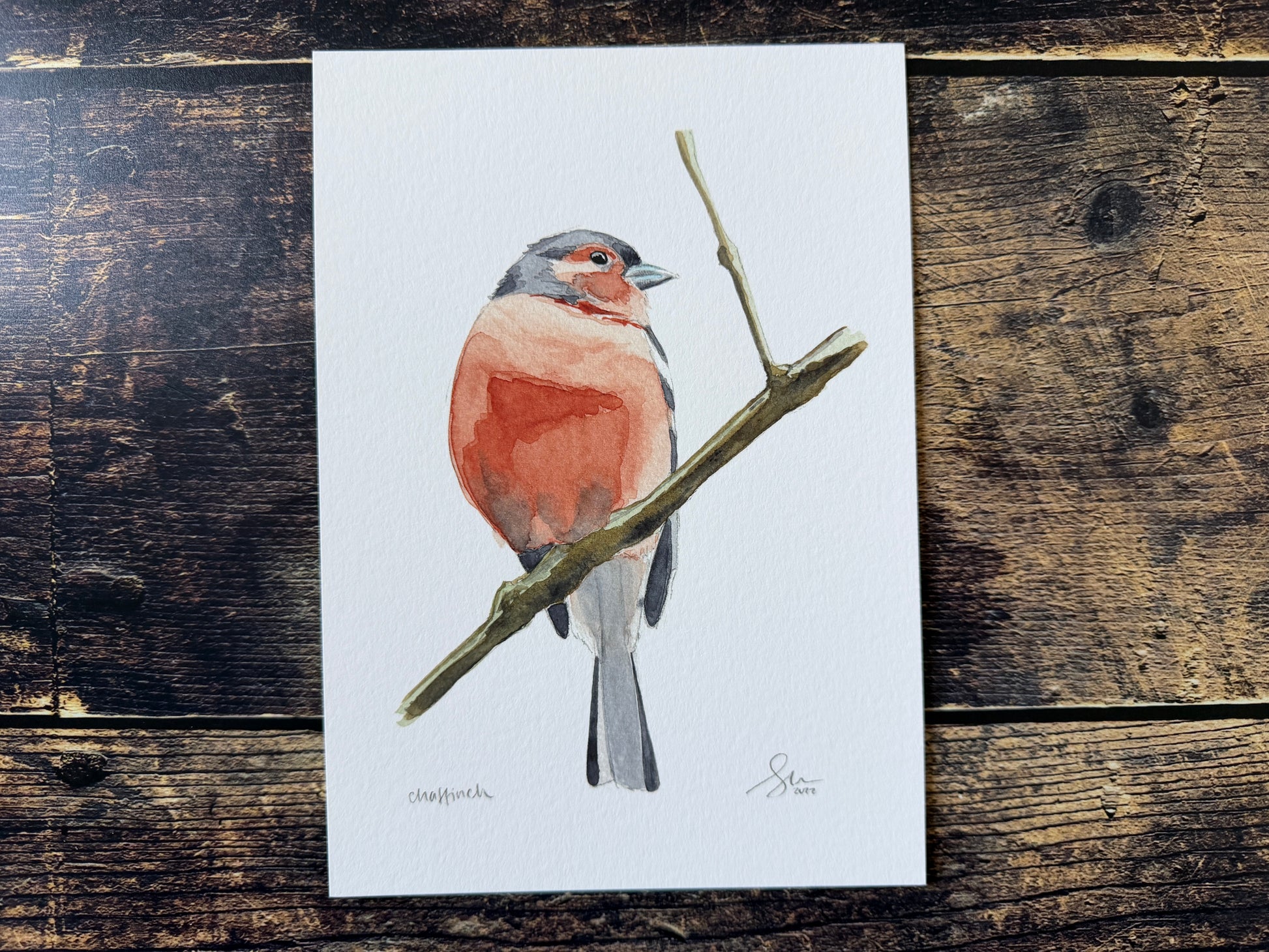 A giclee watercolour print of a male chaffinch
