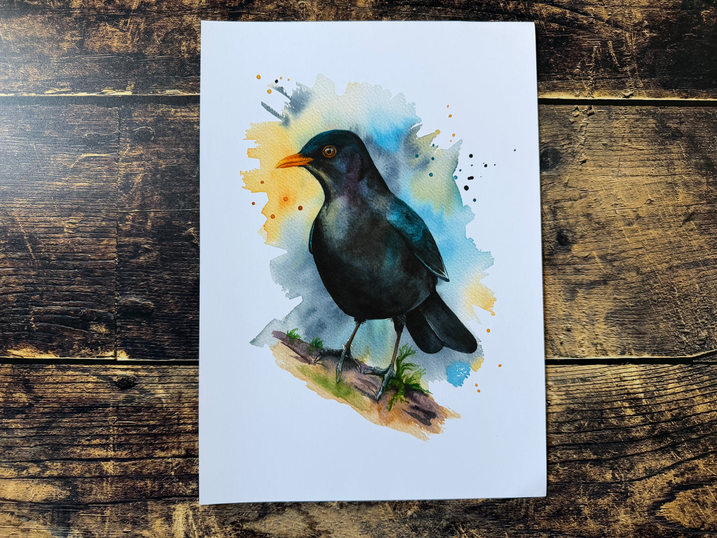 A watercolour print of a male blackbird, painted with an expressive background