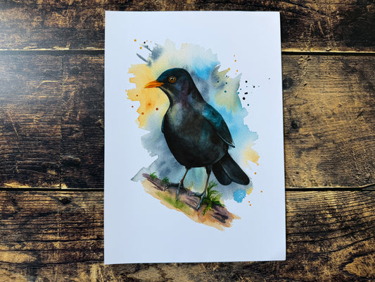 A watercolour print of a male blackbird, painted with an expressive background