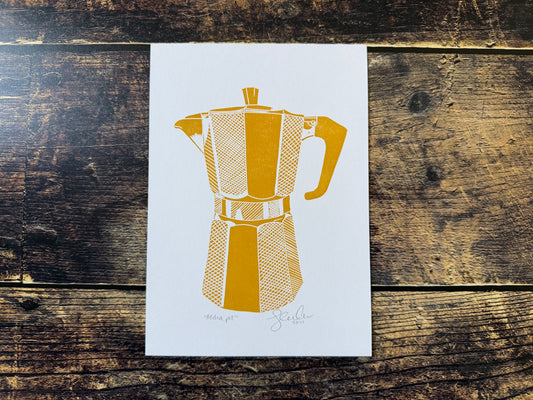 A lino print of a moka pot in yellow