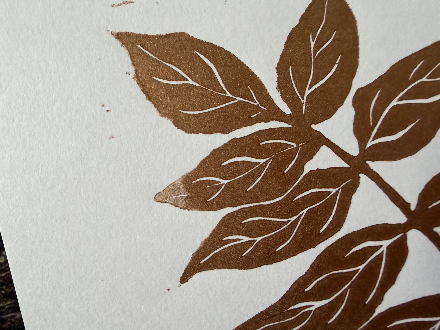 An A5 lino print of an ash tree stem, printed in copper ink