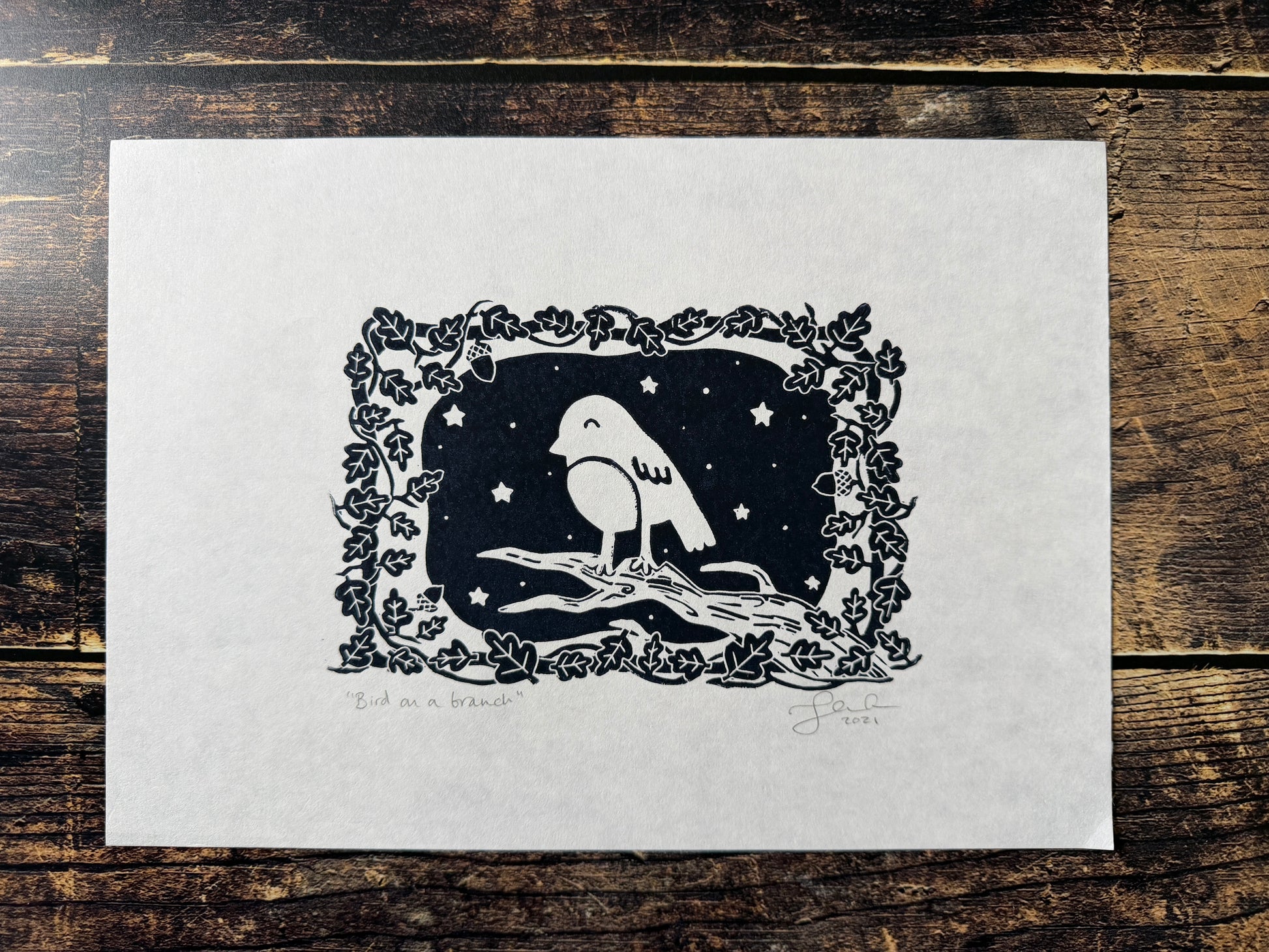 A photo of a lino print of a bird on a branch, sleeping with a starry sky behind