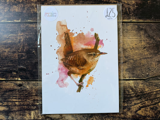 A watercolour print of a wren