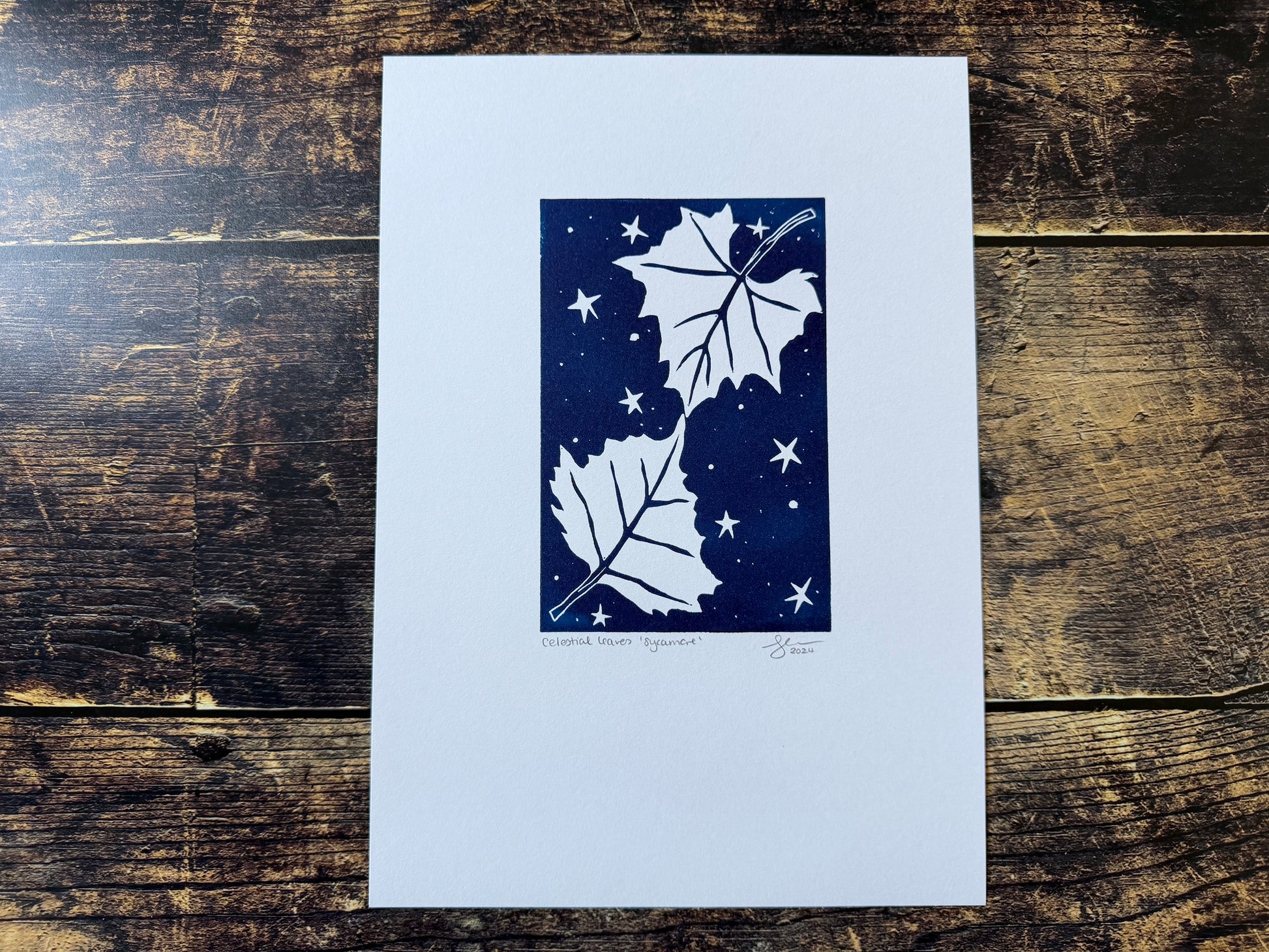 A lino print featuring sycamore leaves with a night sky behind